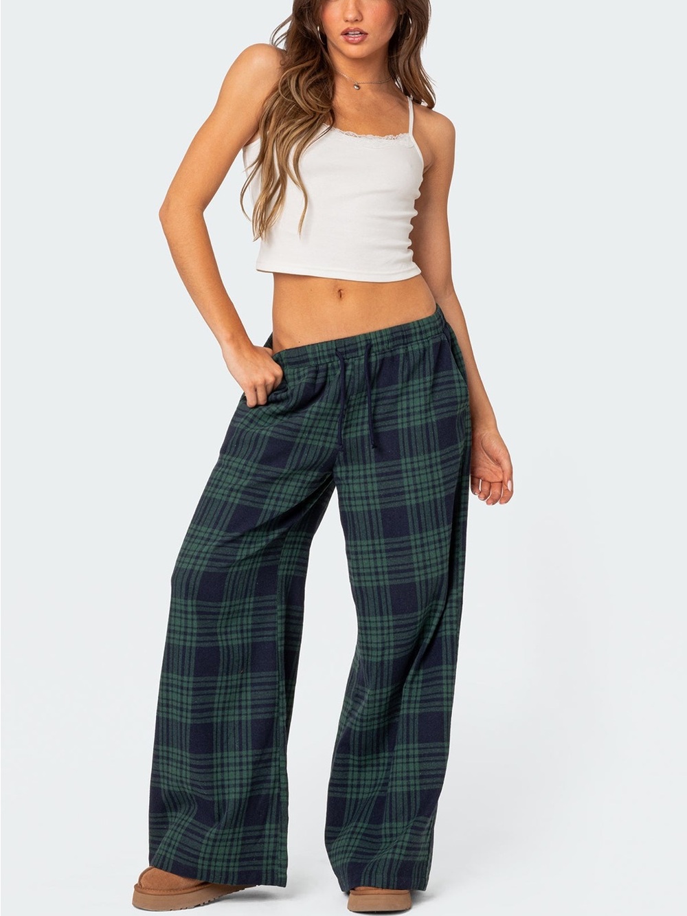 Edikted Lounge Around Plaid Wide Leg Pants Navy Blue Green Small